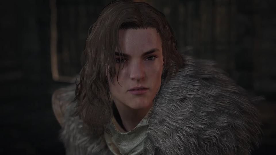 A game character with long dark hair and a fur cloak, close up, from Game of Thrones: Kingsroad.