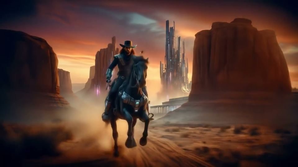 A lone rider in a cowboy hat galloping through a desert canyon toward futuristic towers at sunset.