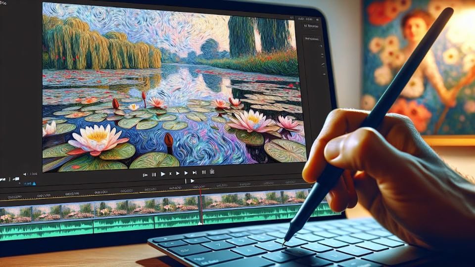 A hand with a stylus drawing water lilies on a tablet, Adobe Premiere Pro open behind it.